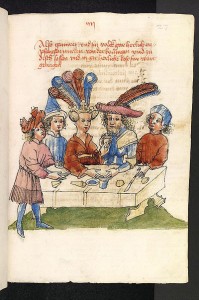 Wolfram von Eschenbach, Parzival (manoscritto), Hagenau, Werkstatt Diebold Lauber, circa 1443-1446, Cod. Pal. germ. 339, primo libro, fol. 27r.